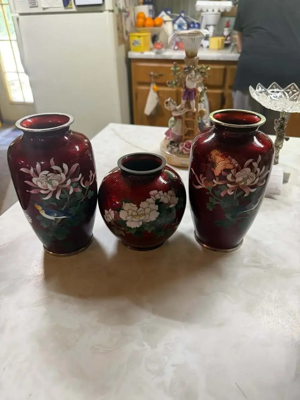 Vintage Japanese Cloisonné Pigeon Blood Red Vases 3 Piece Set Floral and Bird Mo